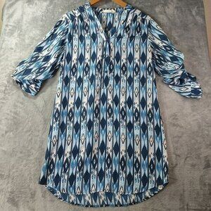 Chelsea Violet Womens Tunic Dress M Blue Ikat Roll Tab Sleeve Hi Low Boho Casual